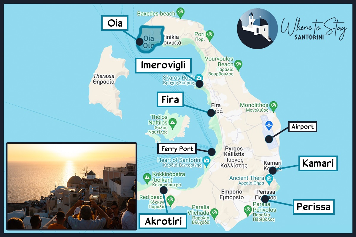 Map showing the location of Oia on Santorini